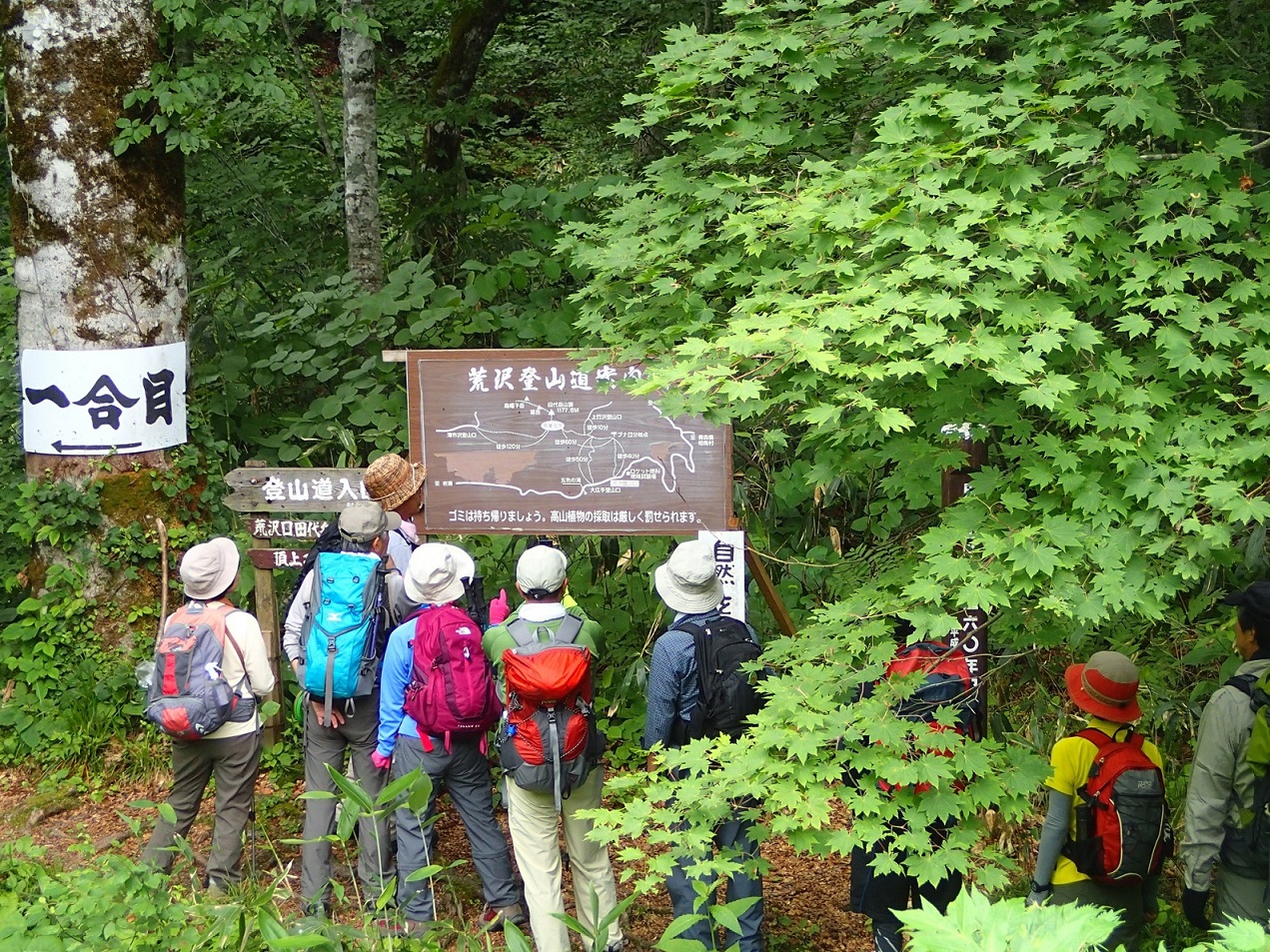 荒沢登山道入り口の案内図を参照。いよいよスタートです。